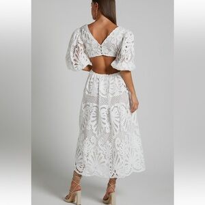 Showpo white open back lace dress